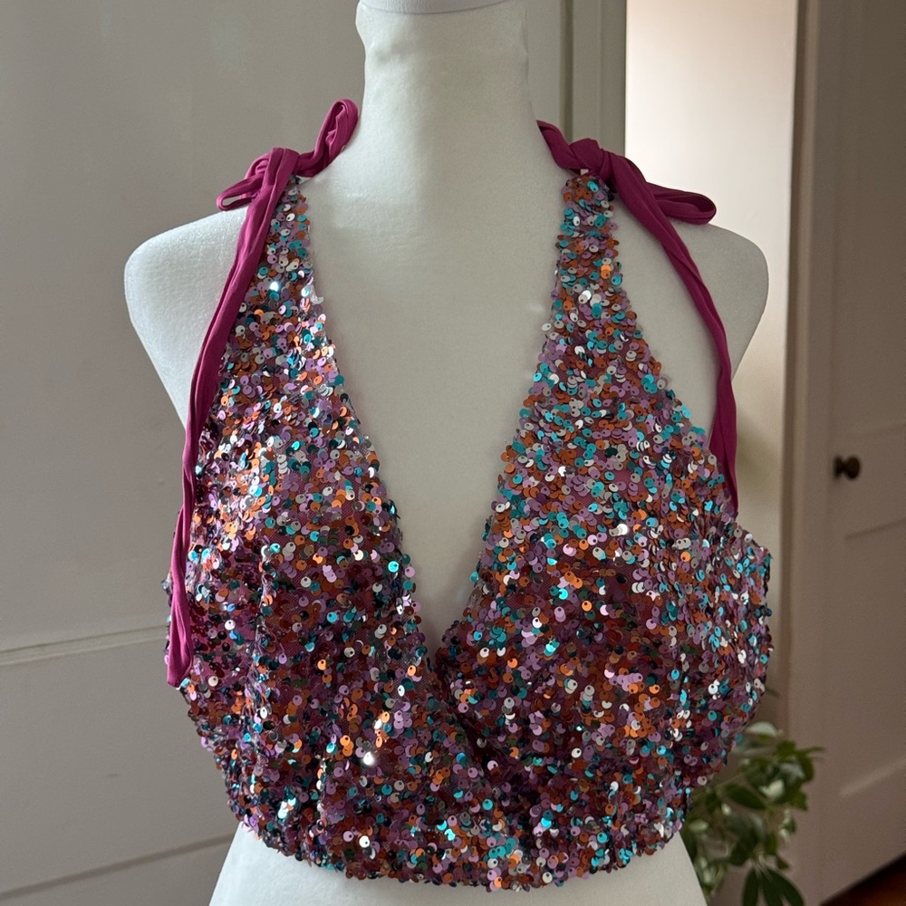 Free People Pink Sequin Sparkle Halter Top | bachelorette trips top